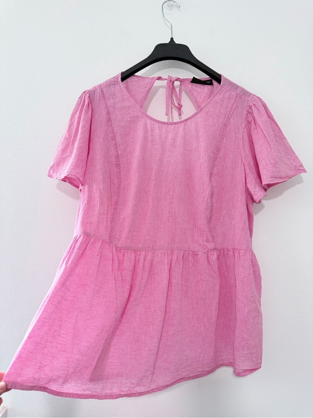 Lane Bryant Linen Cotton Blouse Womens 20 Pink Peplum Flutter Sleeve Tie Back